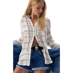 Pilcro Anthropologie WMNS Ruffle Plaid Button Down Shirt M Blue White Wool Blnd